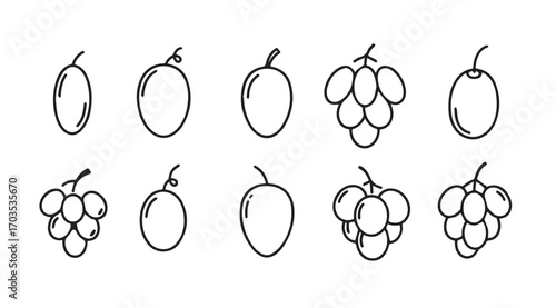 Hand drawn silhouette fruit collection featuring grapes and other oval shapes
