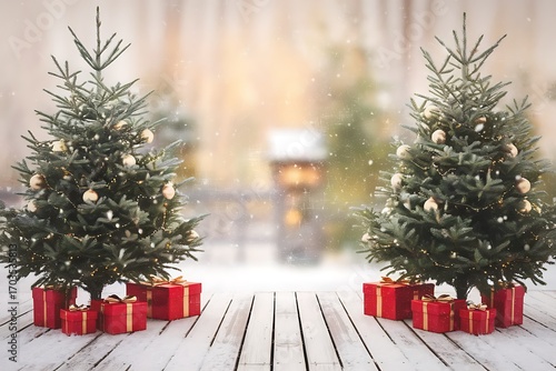 A Festive Christmas Scene with Two Decorated Christmas Trees Flanked by Stacks of Red Presents on a Rustic White Wooden Deck, Set Against a Softly Blurred Winter Background.