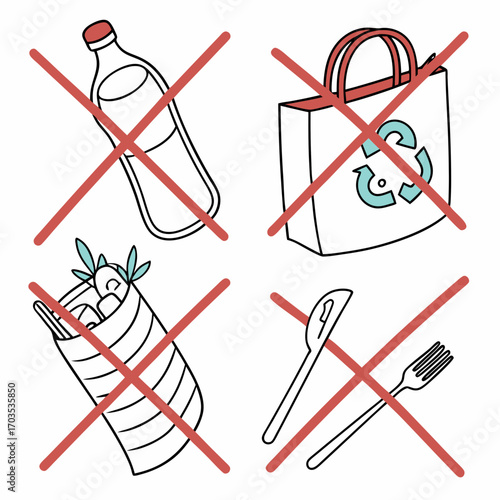 Illustration of a plastic bottle reusable shopping bag disposable food wrap and plastic cutlery all marked with red prohibition signs indicating they are not allowed or discouraged