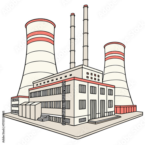 A stylized illustration of a power plant with three large cooling towers and multiple smokestacks representing industrial energy production and manufacturing facilities