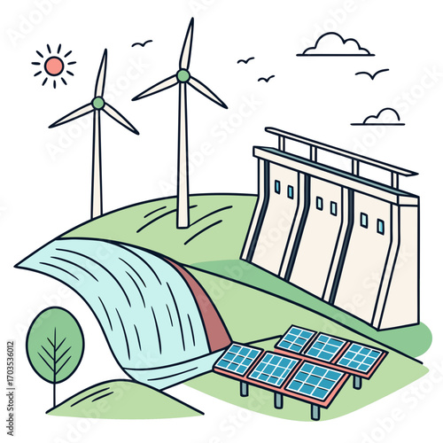 Illustration of a sustainable energy landscape featuring wind turbines a hydroelectric dam solar panels and a flowing waterfall under a sunny sky with birds and clouds