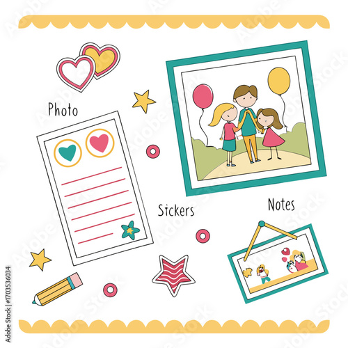 A collection of cute hand drawn doodle elements for scrapbooking and journaling including photos stickers notes hearts stars balloons and a pencil