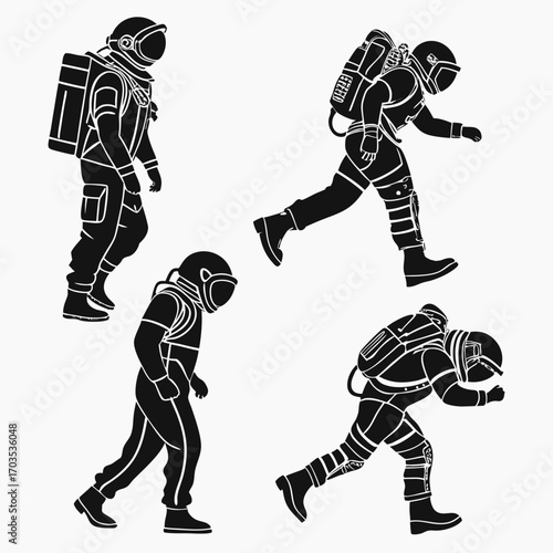 Four silhouettes of astronauts in space suits depicting different poses and movements against a white background