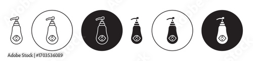 Baby shampoo container icons collection in black filled and stroke line style