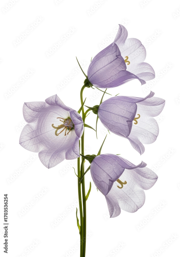 Obraz premium Three delicate pale lavender bellflower blooms, translucent petals, crinkled, unfurled, clustered on a transparent background, soft studio light, concept of serene botanical fine art