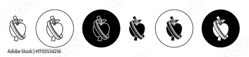 Apple and measuring tape icons collection in black filled and stroke line style