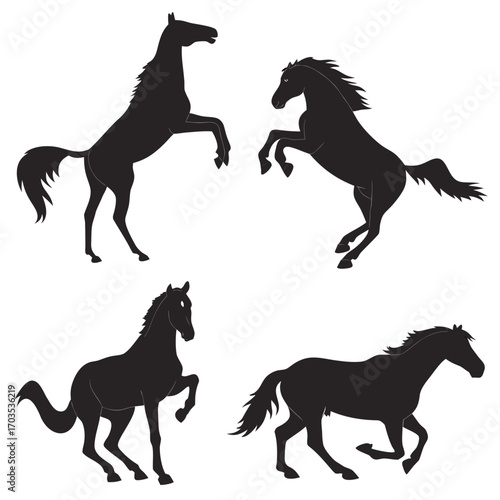 Dynamic silhouettes of four horses in various poses including rearing and galloping against a clean white background for versatile design applications