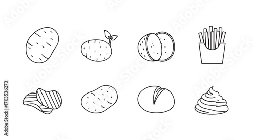 Collection of hand drawn potato and french fry illustrations in silhouette style