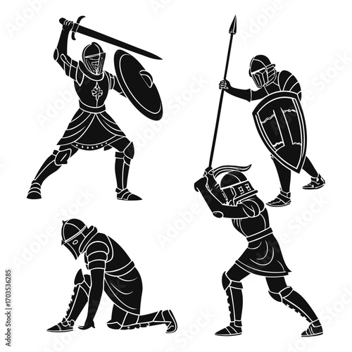 Four silhouetted knights in full armor engaged in combat poses with swords shields and spears against a white background