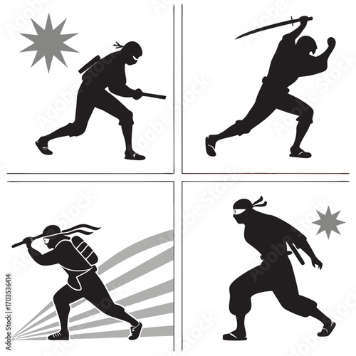 Dynamic silhouettes of ninjas in action poses showcasing martial arts movements and weaponry in a four panel comic style layout with graphic elements