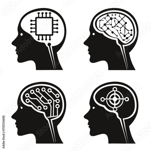 Four silhouette heads displaying different concepts of artificial intelligence and technology integrated within the human brain symbolizing innovation and future development