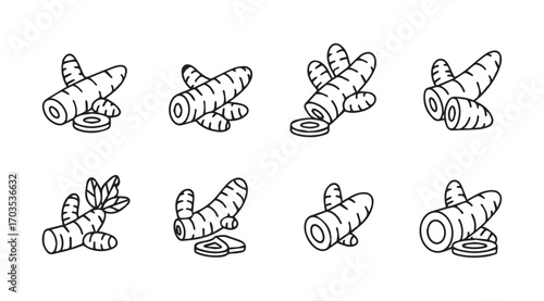 Collection of isometric ginger root illustrations in a distinctive silhouette style