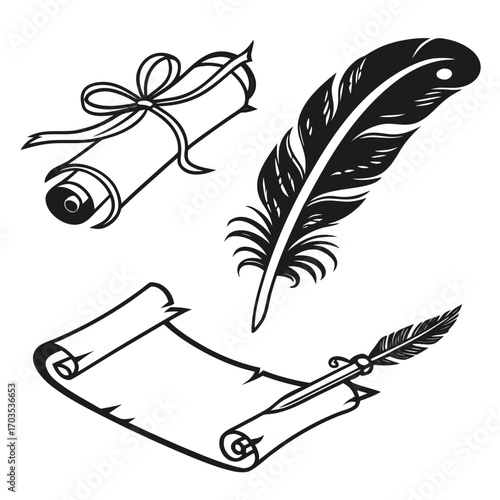 Vintage quill pen and ink writing tools with rolled parchment scrolls and a tied document representing history literature education and creativity