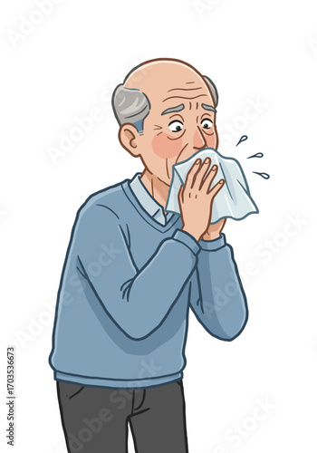An elderly man sneezing into a napkin: an element for medical, educational and public projects, an emphasis on hygiene