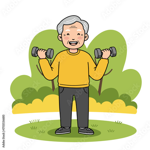 Workout in the park: an elderly man with dumbbells smiling, a metaphor for energy, active aging and vitality