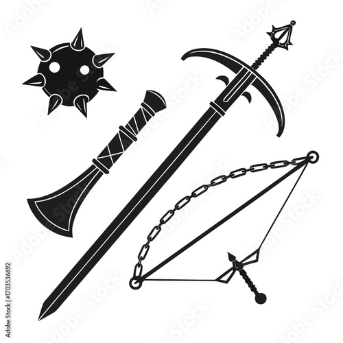 Collection of medieval weapon silhouettes featuring a sword mace flail and bow with arrow on a white background for graphic design and illustration