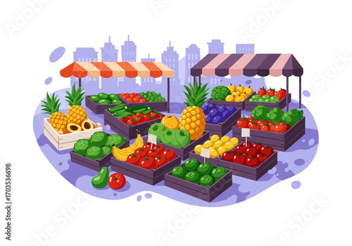 City market with exotic fruits: flat design illustration - symbol of freshness, variety and healthy eating