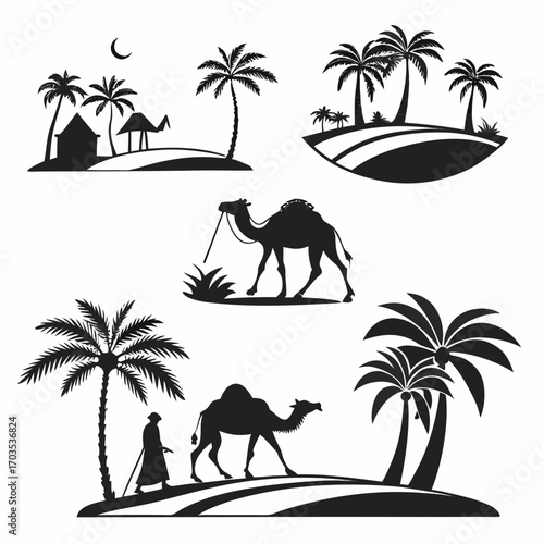 Collection of black silhouettes depicting desert landscapes with camels palm trees a crescent moon and a traditional dwelling representing oasis and nomadic life