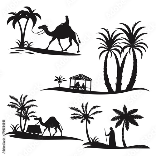 Silhouette illustrations depicting desert life with camels palm trees and people in traditional attire resting under shelters and traveling across sand dunes