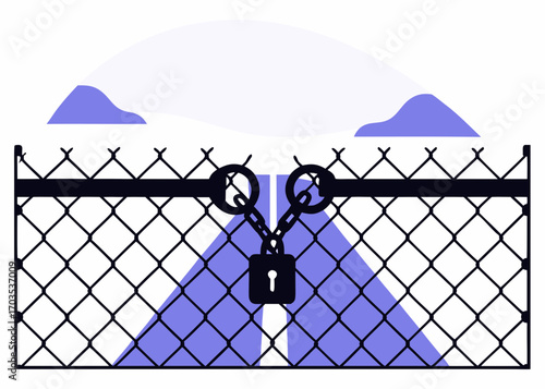 Security and access control concept with locked chain link fence and open road ahead illustration