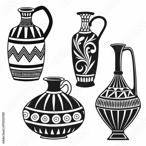 Collection of four ancient greek style black silhouette ceramic amphorae and vases with decorative geometric and floral patterns on a white background