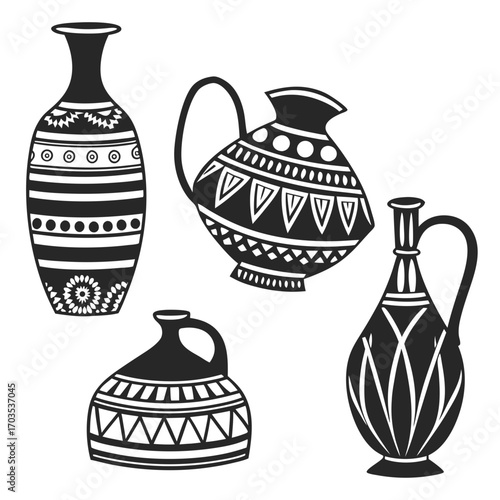 Collection of four black silhouette ancient amphorae and vases with decorative geometric patterns and tribal motifs isolated on a white background