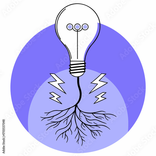 Bright idea lightbulb with root system and lightning bolts, modern concept for growth and innovation