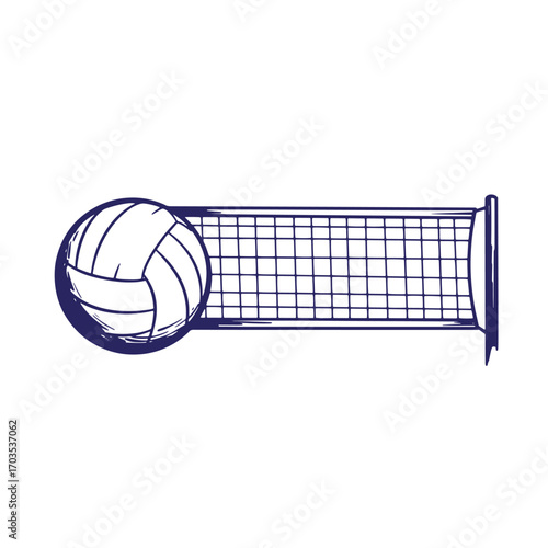 Hand drawn illustration of a volleyball with a net representing sports and leisure