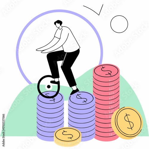 Achieving financial goals, man balancing on stacks of coins, financial growth, investment strategy