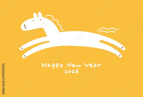 走る白馬のシンプルな手描き年賀状　2026 横長　手書き文字　黄色背景