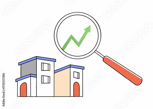 Real estate market analysis showing property value appreciation with magnifying glass and upward trend