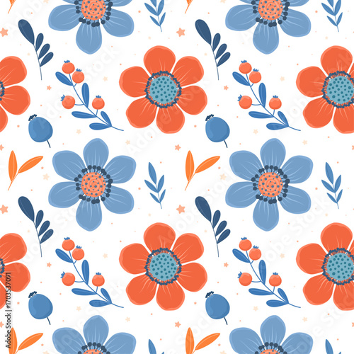 Autumn pattern with flowers and leaves, botanical elements in flat style.