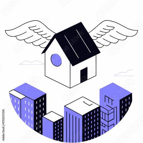 Dream home with wings soaring above city skyline, offering modern urban living and affordable housing