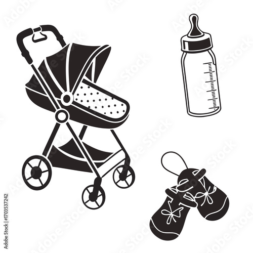 A collection of baby essentials including a stroller a feeding bottle with measurement markings and a pair of tiny baby shoes with laces all depicted as simple black silhouettes on a white background