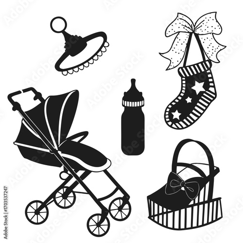 Collection of black silhouette baby items including a stroller baby bottle rattle stocking with bow and a bassinet with bow perfect for nursery decor and invitations