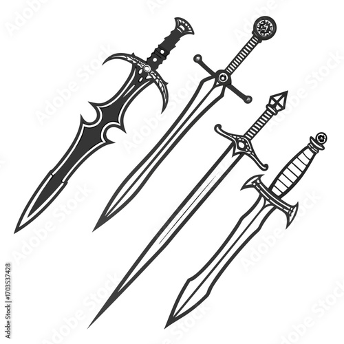 Collection of four distinct fantasy swords with intricate designs and sharp blades presented in a dynamic diagonal arrangement against a clean white background