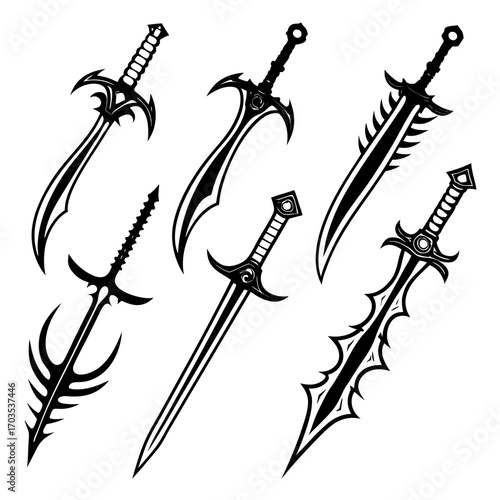 Collection of six stylized fantasy swords and blades in black silhouette on a white background showcasing diverse designs and intricate details for gaming or illustration projects