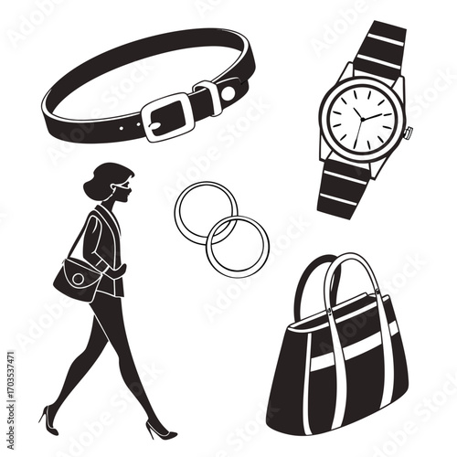 Stylish silhouette of a woman walking with accessories including a belt watch rings and handbags representing fashion and personal items