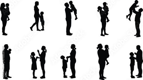 Silhouettes of happy parents with children, family bonding moments, parent-child love, motherhood, fatherhood, parent interaction, childhood happiness, family connection