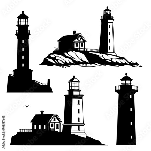 Collection of black silhouettes of lighthouses and keeper houses on rocky shores against a white background ideal for nautical and coastal designs