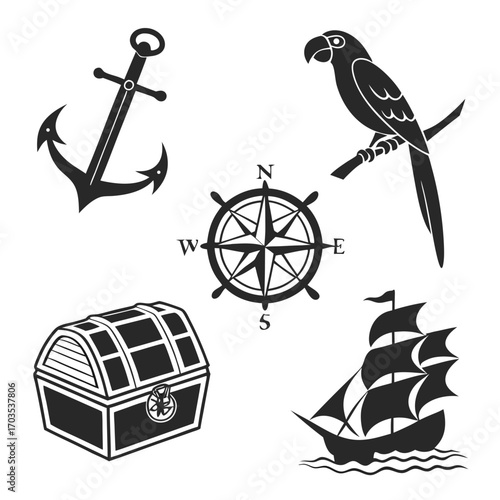 Collection of black silhouette pirate themed icons including an anchor a parrot on a perch a compass rose a treasure chest and a sailing ship on waves