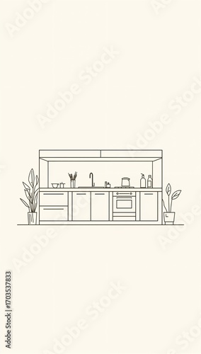 Minimalist outdoor kitchen flat design simple line drawing on plain ivory background