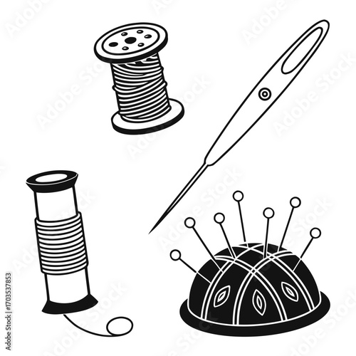 A collection of sewing tools including a spool of thread a needle with thread and a pincushion filled with pins presented in a clean black and white illustration on a white background