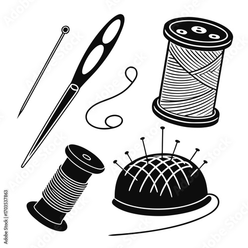 A collection of sewing and tailoring tools including a needle thread spools a pincushion with pins and a single pin all rendered in a simple black silhouette style on a white background
