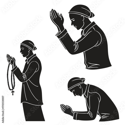 Islamic prayer silhouettes of a man in different poses holding prayer beads and bowing his head in devotion and supplication to god