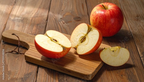 Juicy Red Apples Sliced on Wooden Board