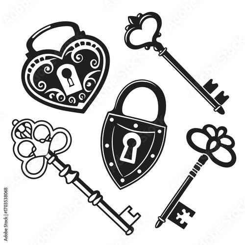 Collection of vintage antique ornate decorative locks and keys in black silhouette on a white background representing security secrets and access