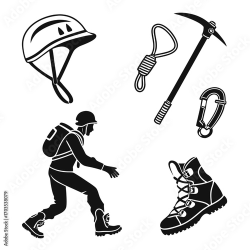 Silhouette of a hiker with a backpack and helmet alongside essential climbing and mountaineering gear including a pickaxe carabiners and sturdy boots representing adventure and outdoor exploration