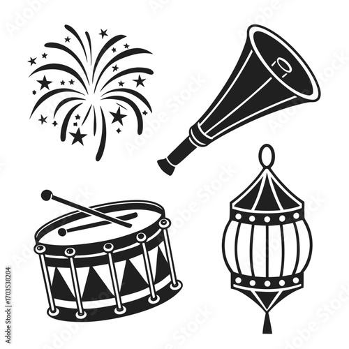 A festive collection of black and white graphic icons including a drum with sticks a party horn a firework burst and a decorative lantern perfect for celebrations and holidays