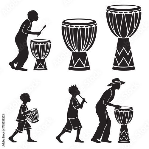 Silhouettes of african musicians playing traditional djembe drums and a flute in a rhythmic cultural celebration with a sense of community and heritage